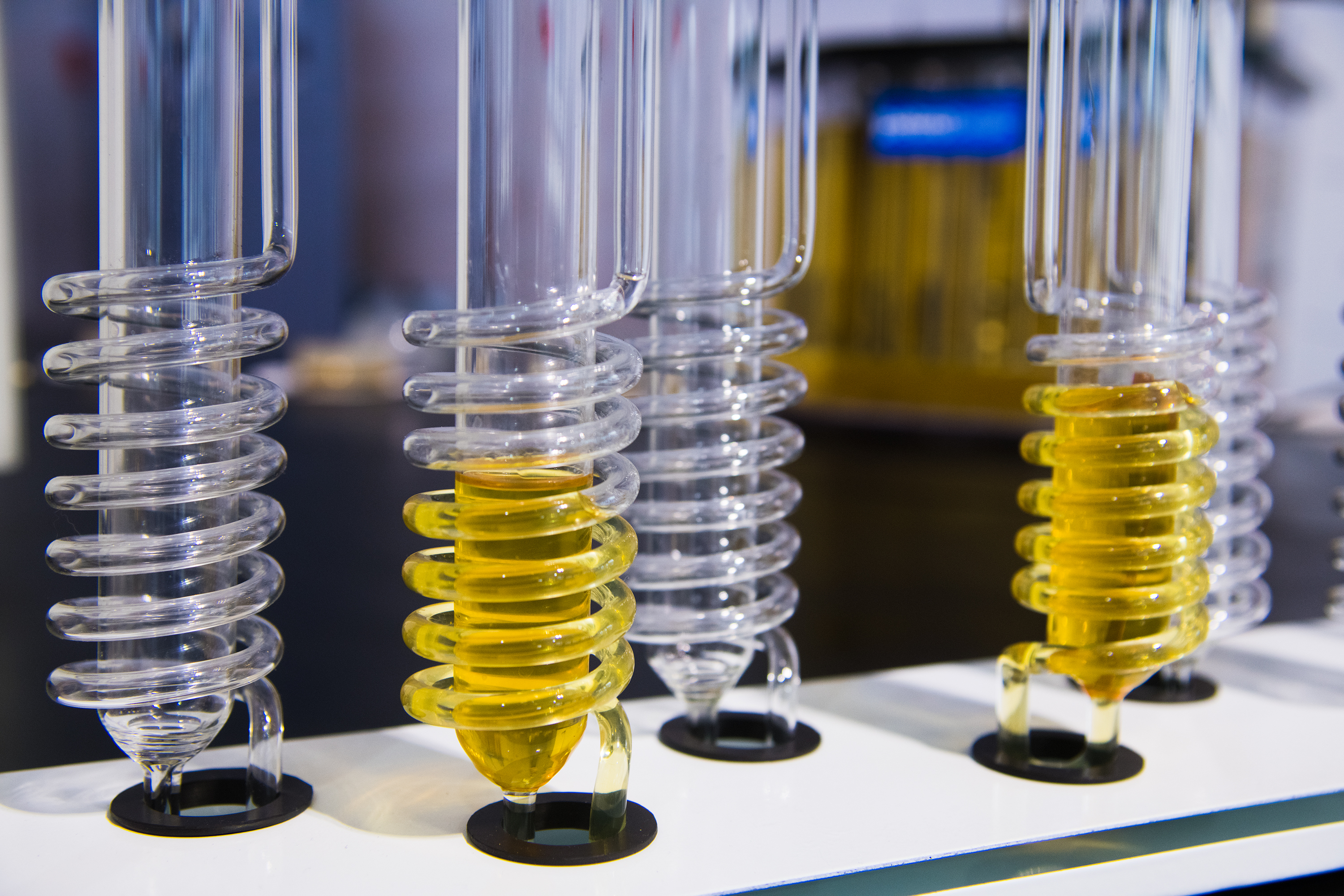 Reagenzienkolben mit gelbem flüssigem gereinigtem Öl aus dem Recycling und Schmierstoffverkauf