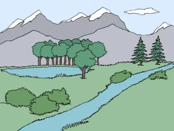 Berge und grüne Wiesen mit Bäumen und Flüssen