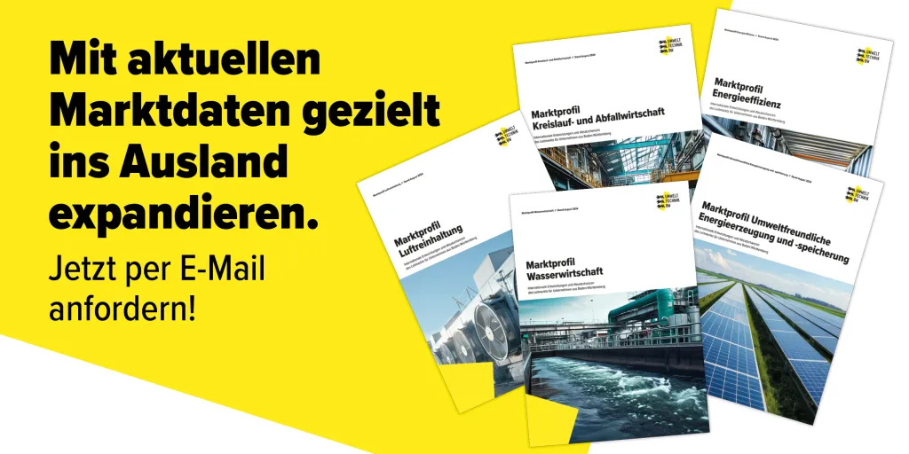 Schwarzer Text Mit aktuellen Marktdaten gezielt ins Ausland expandieren auf gelbem Grund. 5 Marktprofile 