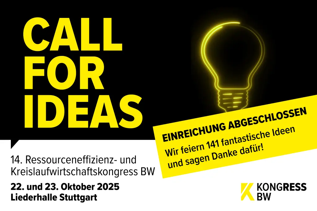 Gelbe Schrift auf schwarzem Grund mit dem Text Call for Ideas für den Kongress BW 2025 ist geschlossen. Wir feiern 141 fantastische Ideen und sagen Danke