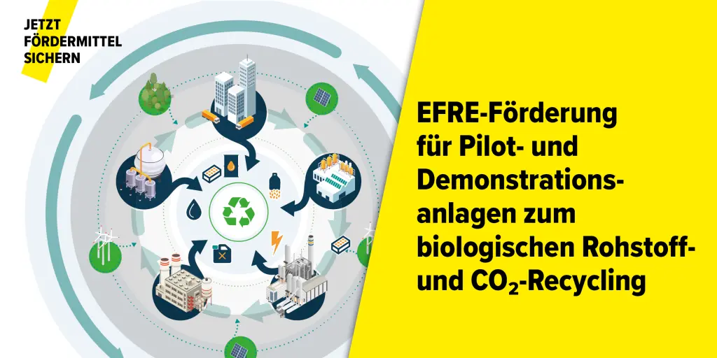 Illustration mit kreislaufwirtschaftlichem CO2 und dem Text EFRE-Förderung für Anlagen zum biologischen CO2-Recycling