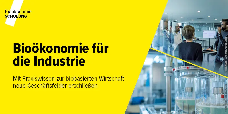 Bild mit schwarzem Text Bioökonomie für die Industrie auf gelben Grund und zweigeteiltes Bild mit Reagenzgläsern und Menschen die sich unterhalten