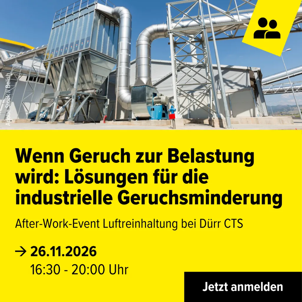 Bild mit einer Fabrik und dem Einladungstext zur Veranstaltung des After-Work-Events Luftreinhaltung am 26. November