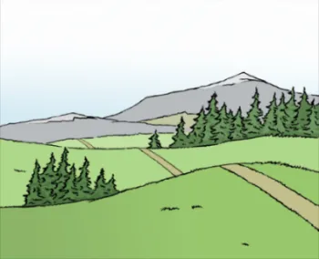 Berge und grüne Wiesen mit Bäumen