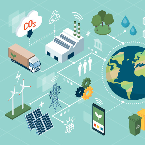 Illustration Vernetzung innovativer grüner Techologien, smarte Systeme, circular economy