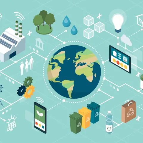 Illustration Vernetzung innovativer grüner Techologien, smarte Systeme, circular economy