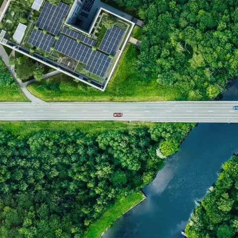 Lange gerade Straße führt durch Wald und über Fluss. 